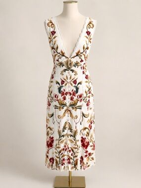 FARM Rio Royal Garden Print Viscose Midi Dress L NWOT Tie Back Scallop